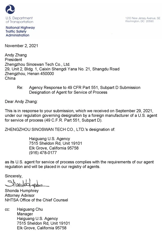 DOT CERTIFICATE Zhengzhou Sinoswan Tech Co Ltd Letter DOT CERTIFICATE Zhengzhou Sinoswan Tech Co Ltd Letter